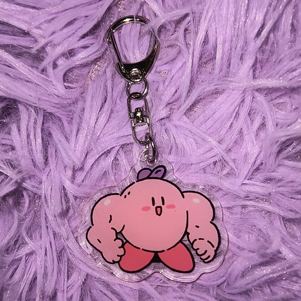 Cute Pink Cartoon Character Keychain hilarious buff Kirby Nintendo accessories - Picture 2 of 5